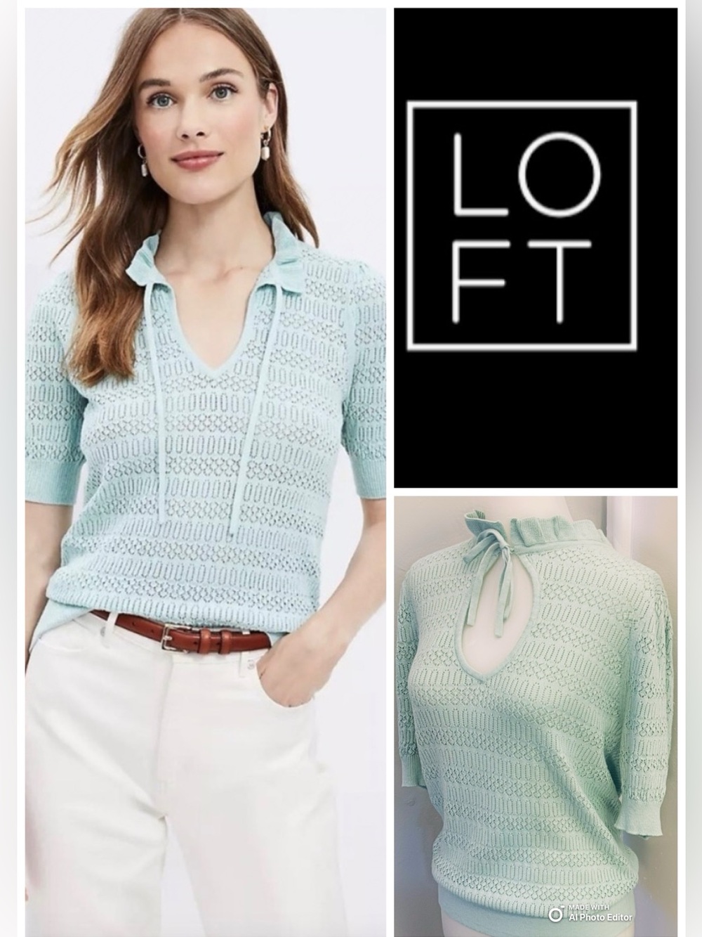 LOFT Mint Green Openwork Tie-Neck Pullover